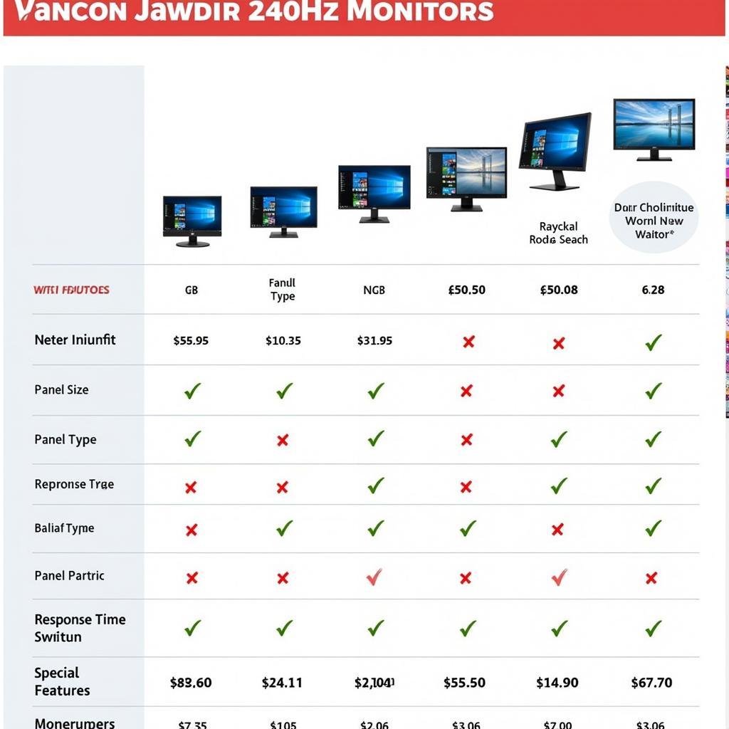 Comparison table of 240Hz monitors with different features and prices