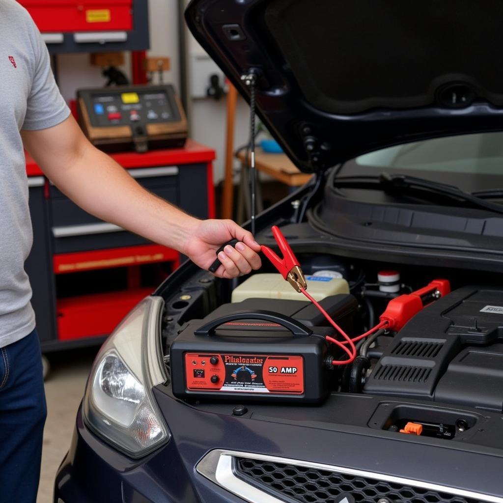 A mechanic using a 50 amp charger to jumpstart a car battery in a workshop