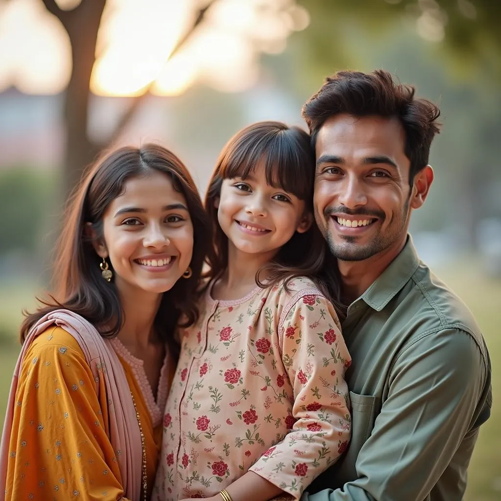 A Pakistani family, dressed up in their Eid best, posing for a picture.