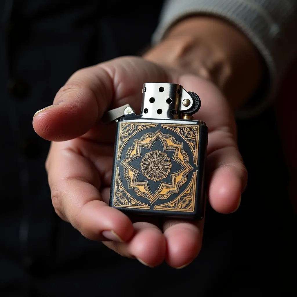 Close-up of a hand holding a Zippo lighter with intricate Pakistani design