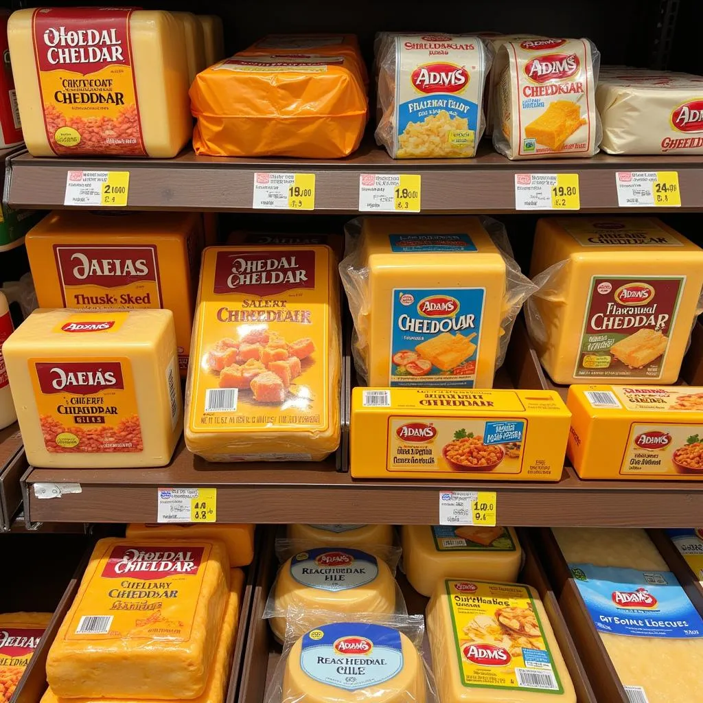 Adams cheddar cheese varieties in a Pakistani supermarket.