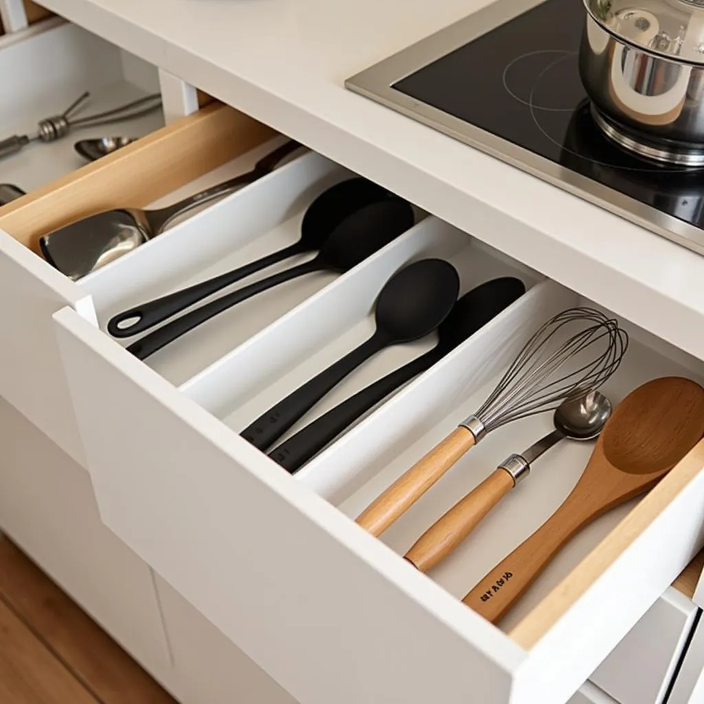 Adjustable drawer dividers used to organize kitchen utensils in a drawer in Pakistan.