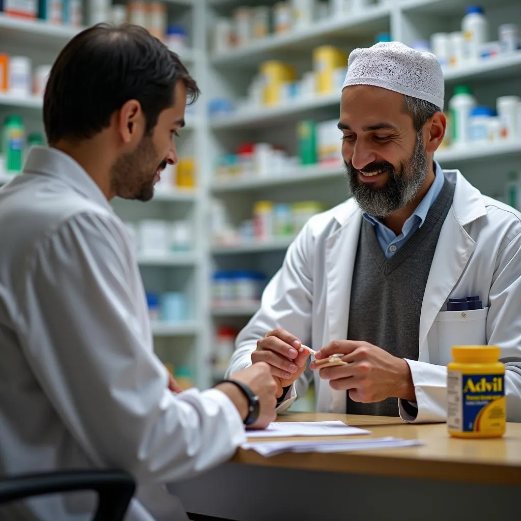 Pharmacist helping customer with Advil in Pakistan