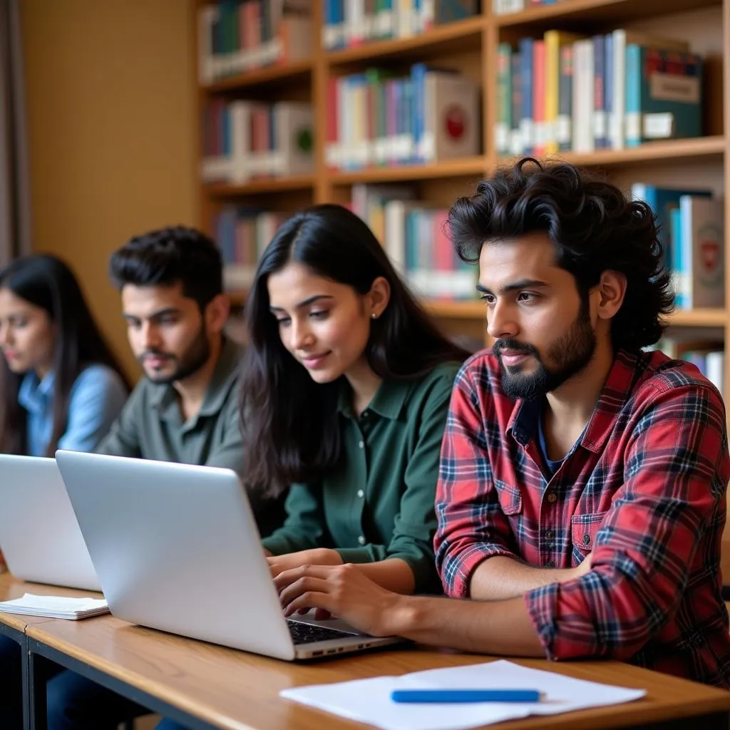 Students using laptops in a library