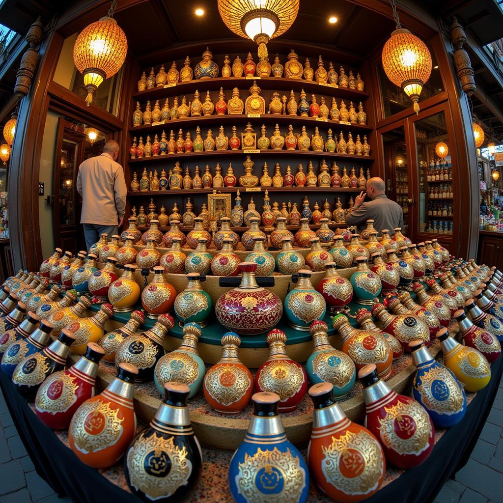 Colorful al bakhoor perfume bottles displayed in a bustling Pakistani market