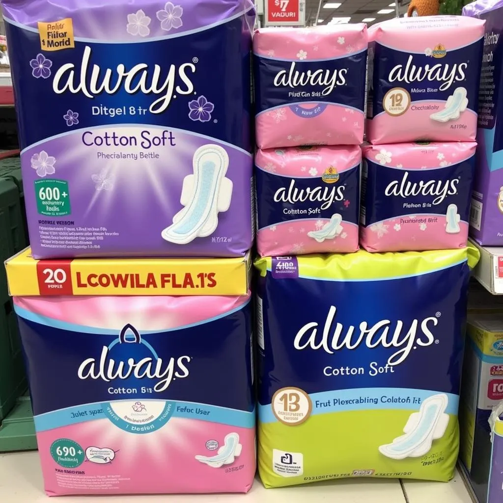 A woman selecting Always Cotton Soft Pads from a retail store shelf