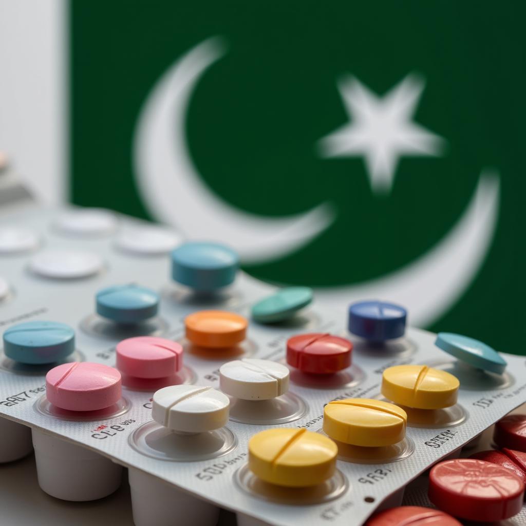 Antidepressant pills in a medicine box with the Pakistani flag in the background