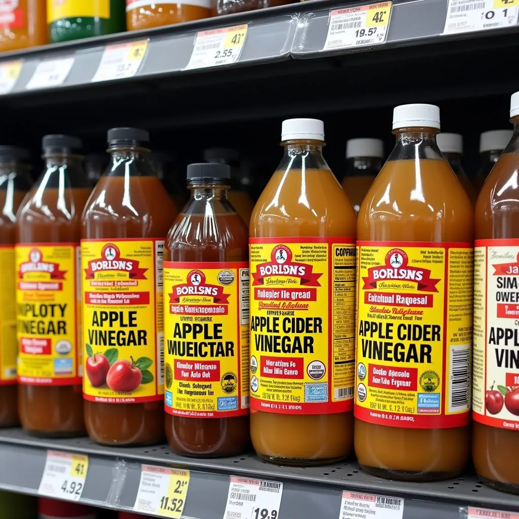 Apple cider vinegar bottles on a supermarket shelf