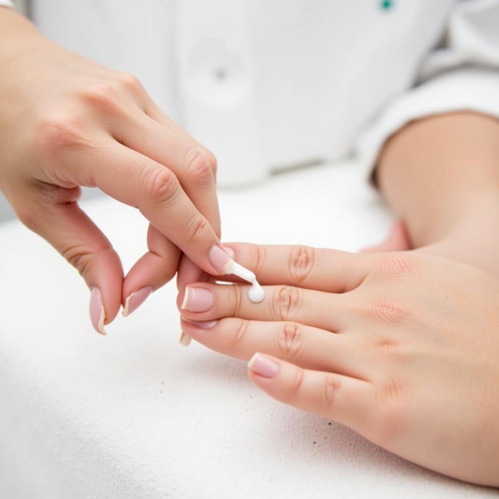 Applying benzocaine gel on skin