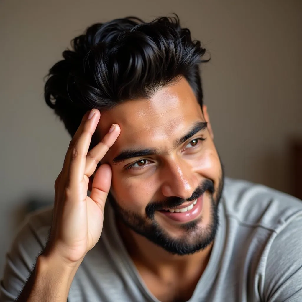 A young Pakistani man applying hair wax