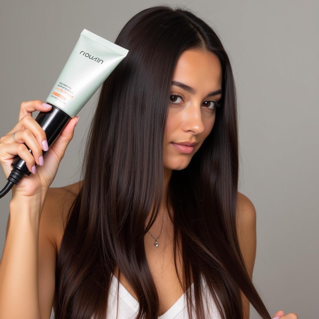 A woman applying Rivon hair straightening cream