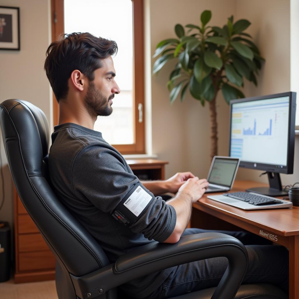 Person using an arm cuff monitor to check their blood pressure