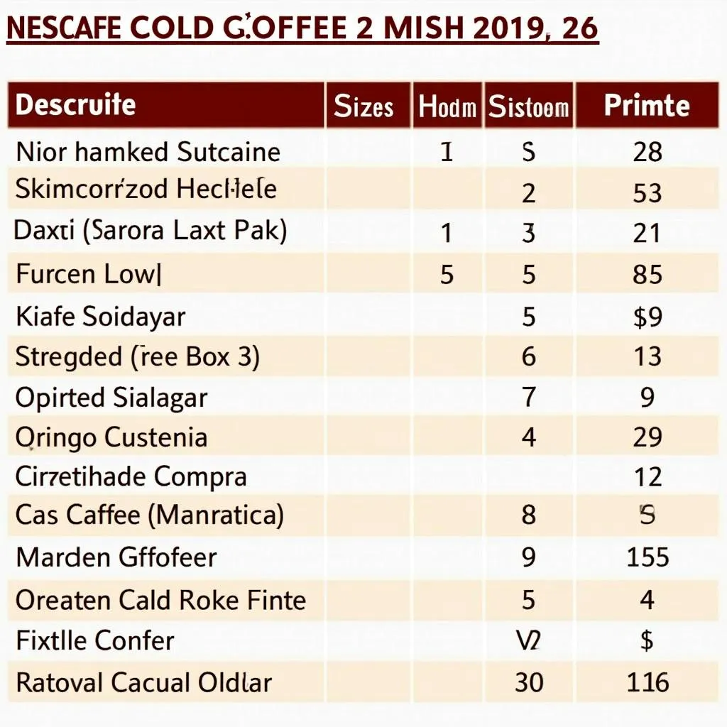 A table displaying various Nescafe cold coffee products and their prices