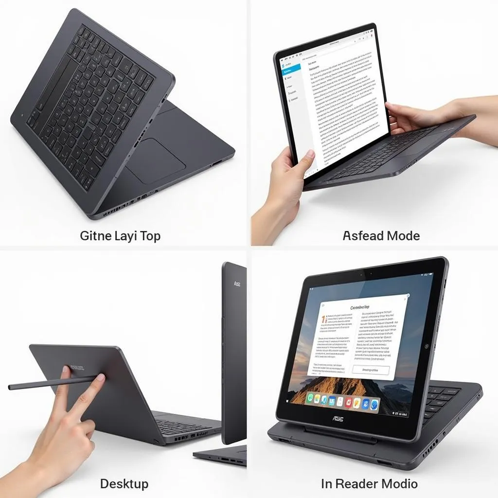 The Asus Zenbook 17 Fold showcased in its various modes - laptop, tablet, desktop, and reader mode.