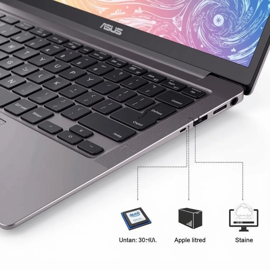 Close-up shot of the Asus Zenbook 17 Fold's keyboard and touchpad, highlighting its specifications.