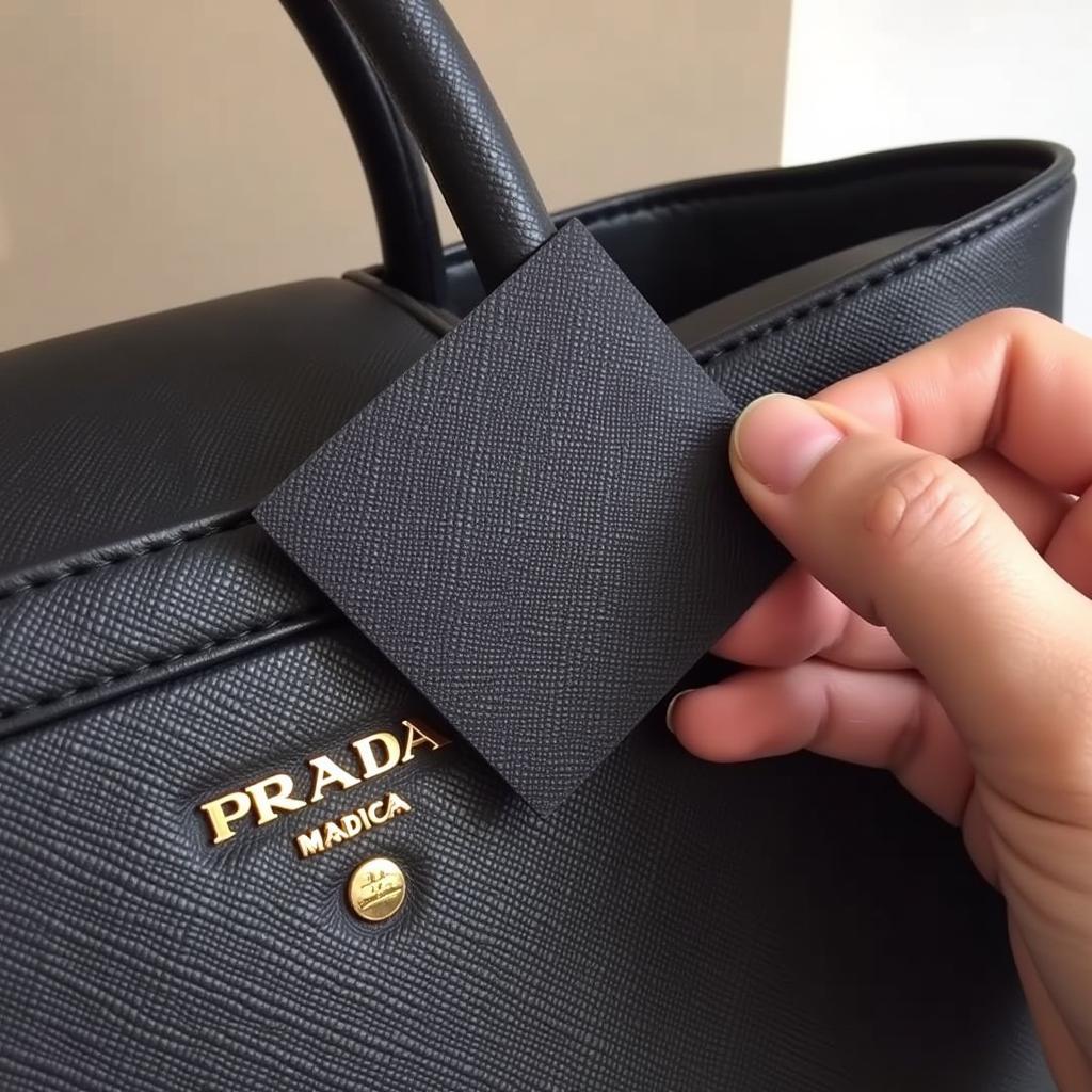 Close-up of a Prada bag's authenticity card and logo