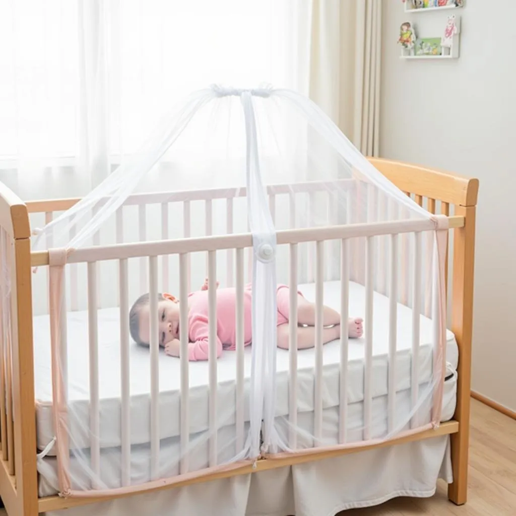 Protective baby mosquito net covering a crib