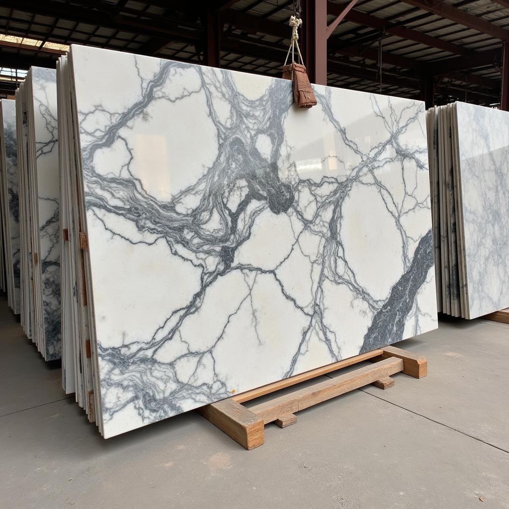 Badal marble slabs stacked in a Pakistan warehouse