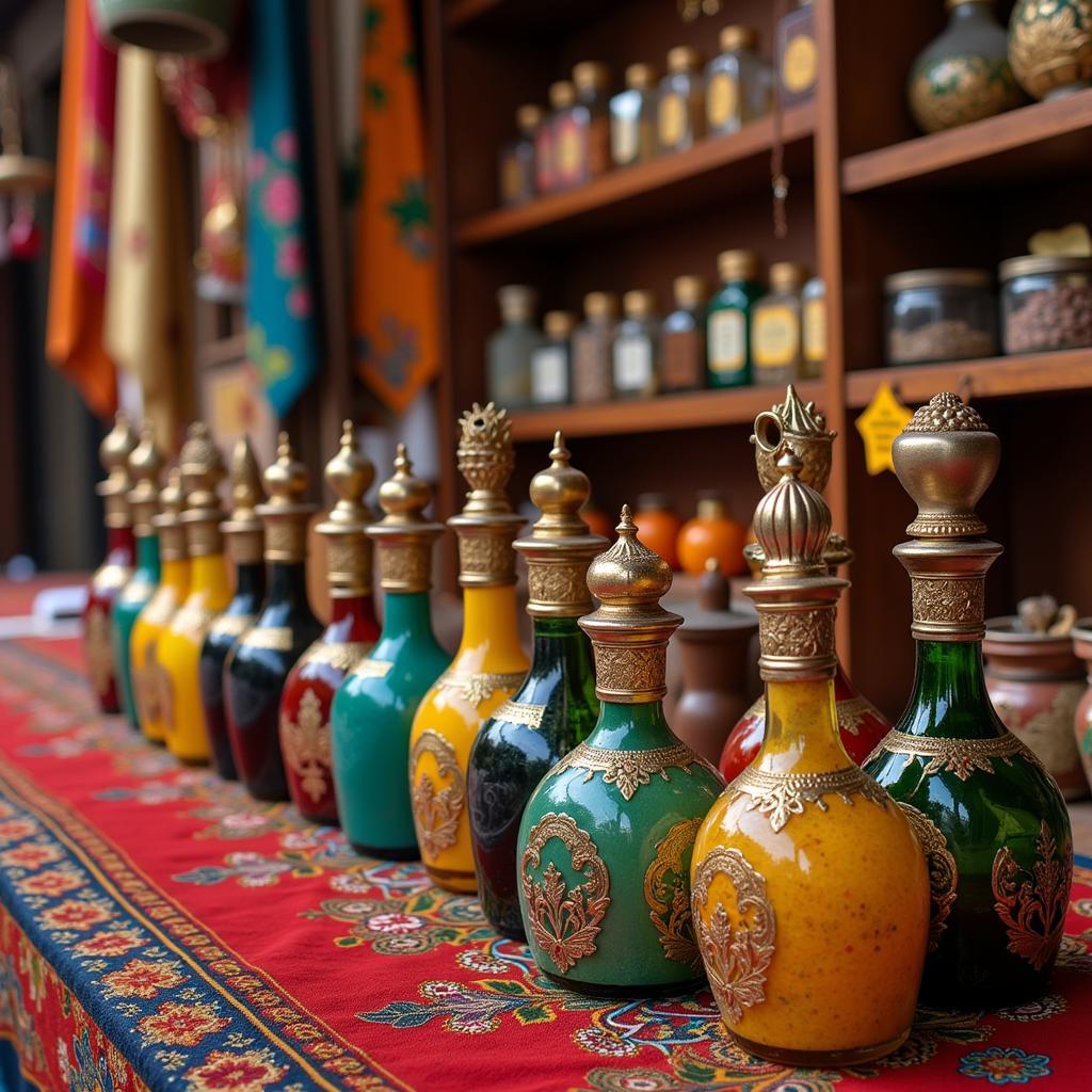 Exquisite bottles of Pakistani attar displayed in a traditional market.