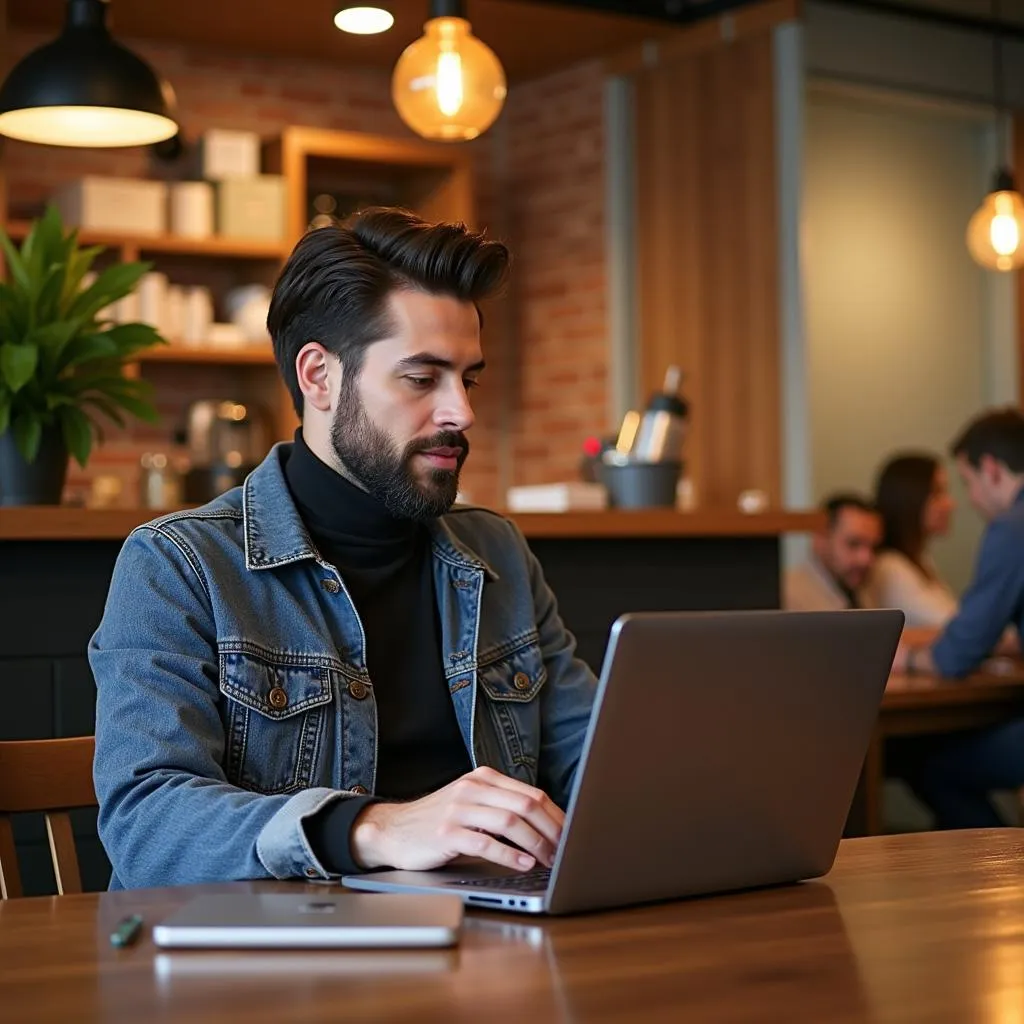 A person working on a laptop in a cafe