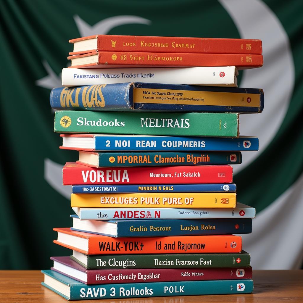 Stack of English grammar books with Pakistani flag in the background