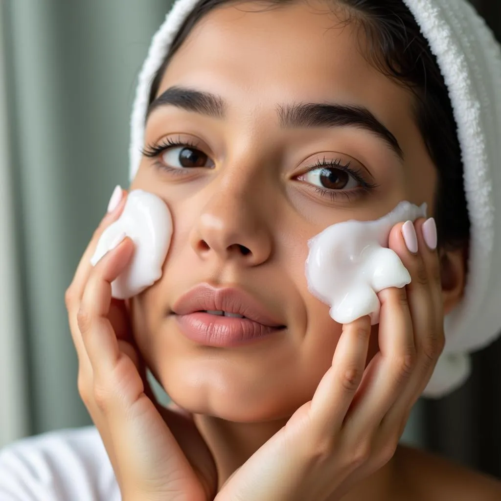 A woman with clear skin washing her face with a gentle cleanser.