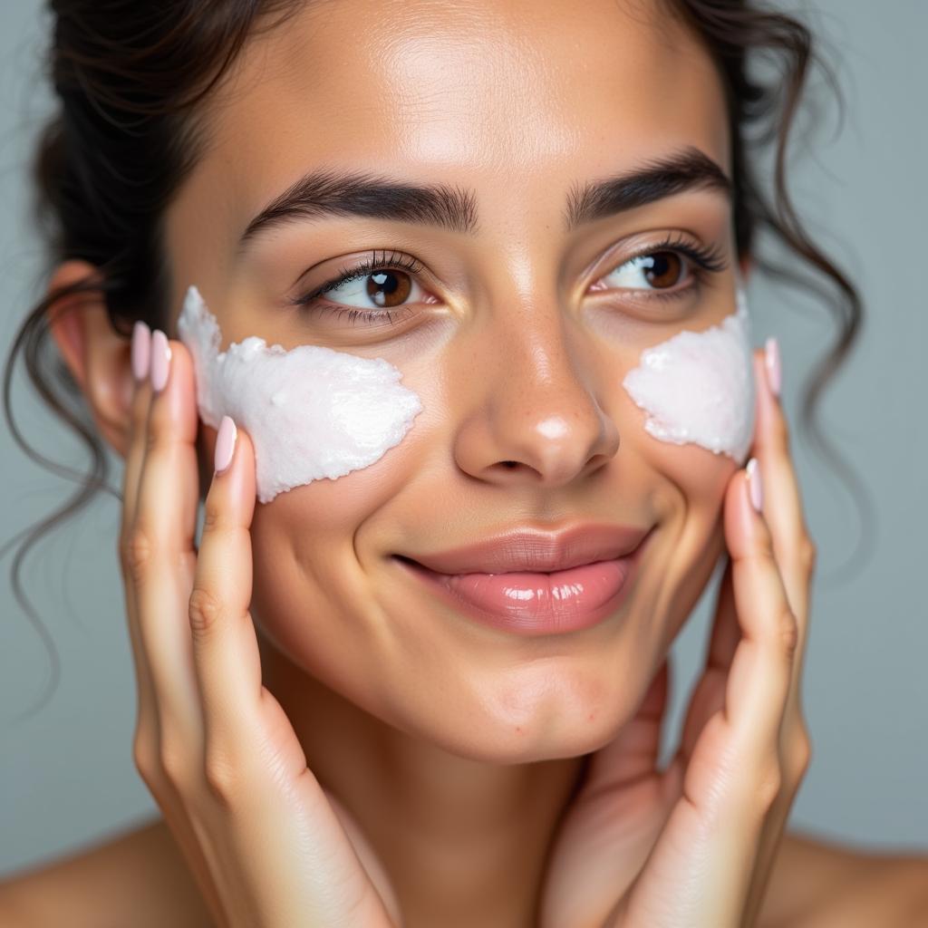 Woman with combination skin applying face wash