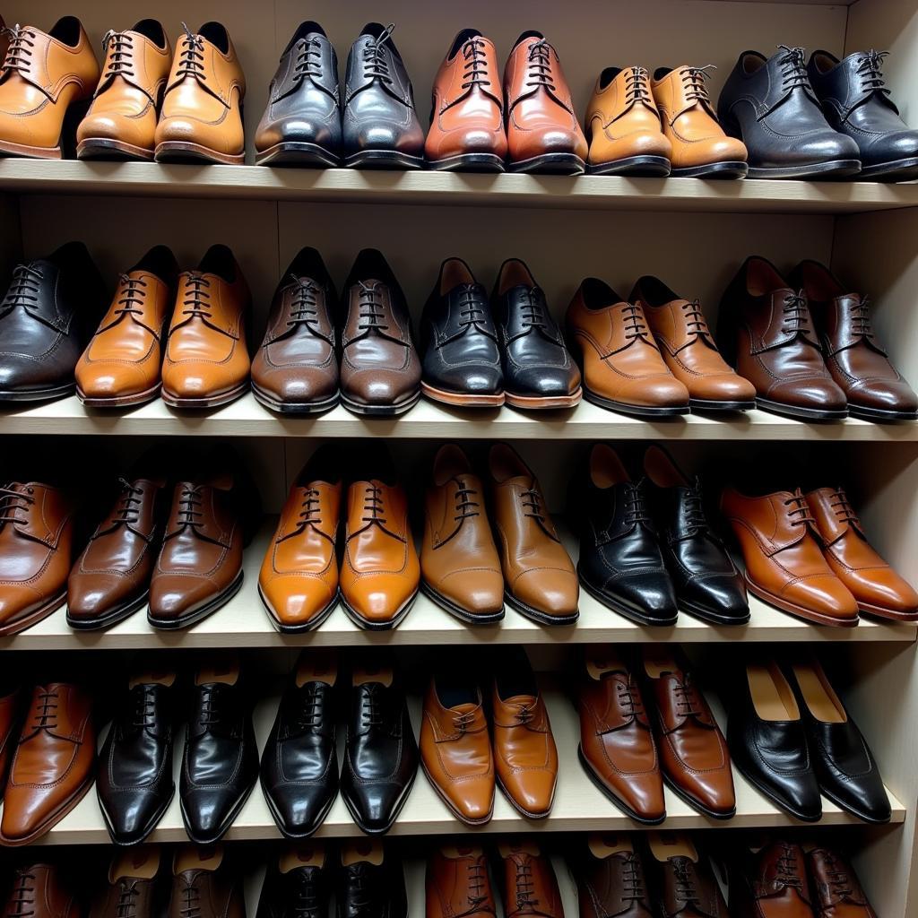 Men's formal shoes lined up in a store in Pakistan