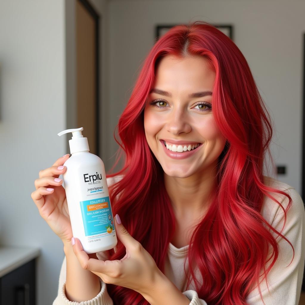 Woman with vibrant hair colour smiling, holding a bottle of hair colour shampoo