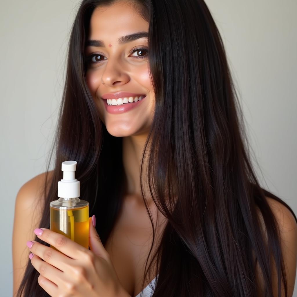 Woman with smooth, shiny hair after using hair serum