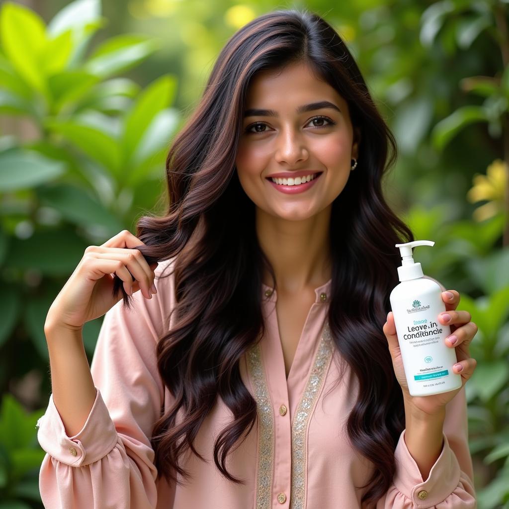 Woman applying leave-in conditioner to her hair in Pakistan