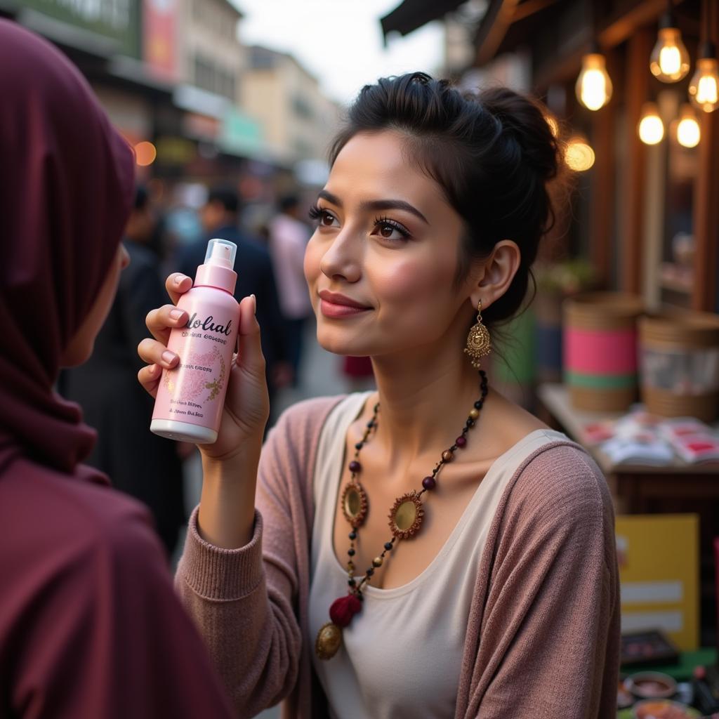 Woman in Pakistan using makeup fixer to combat humidity