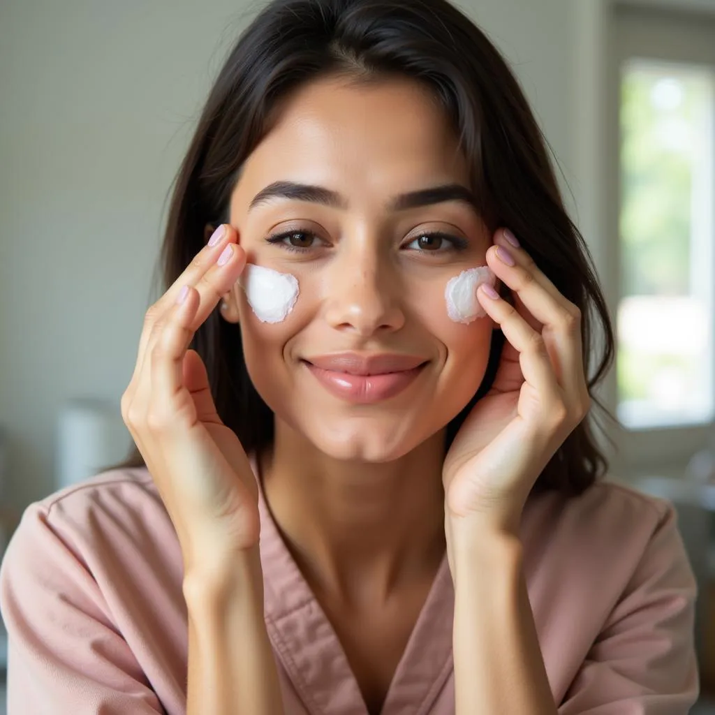 Woman applying moisturizer