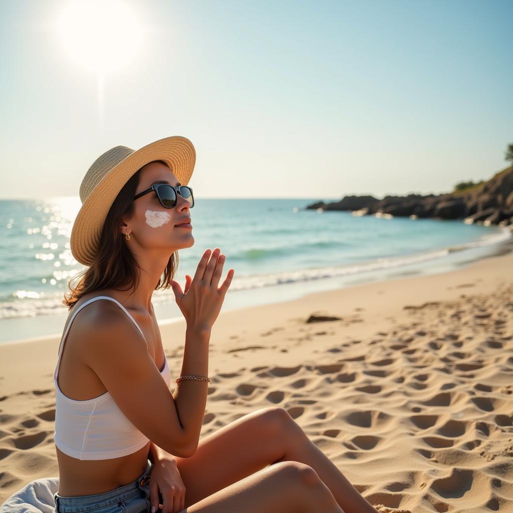 Woman applying sunblock on a Pakistani beach