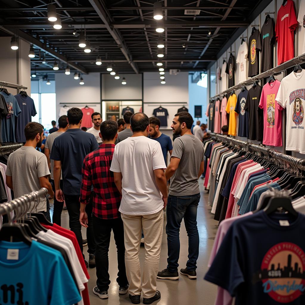 Men browsing t-shirts in a Pakistani clothing store