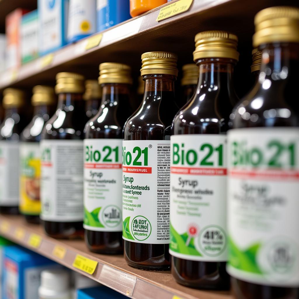 Bio 21 syrup displayed on a pharmacy shelf