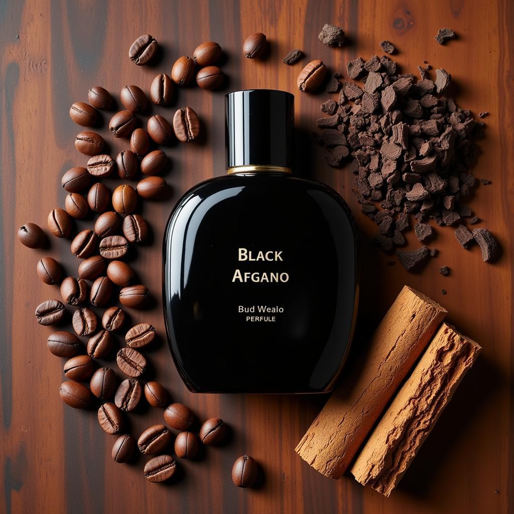 Black Afgano perfume ingredients displayed on a table