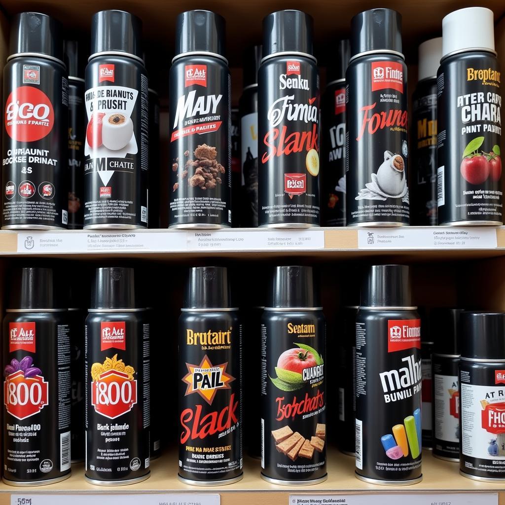 Black spray paint cans on a shop shelf in Pakistan