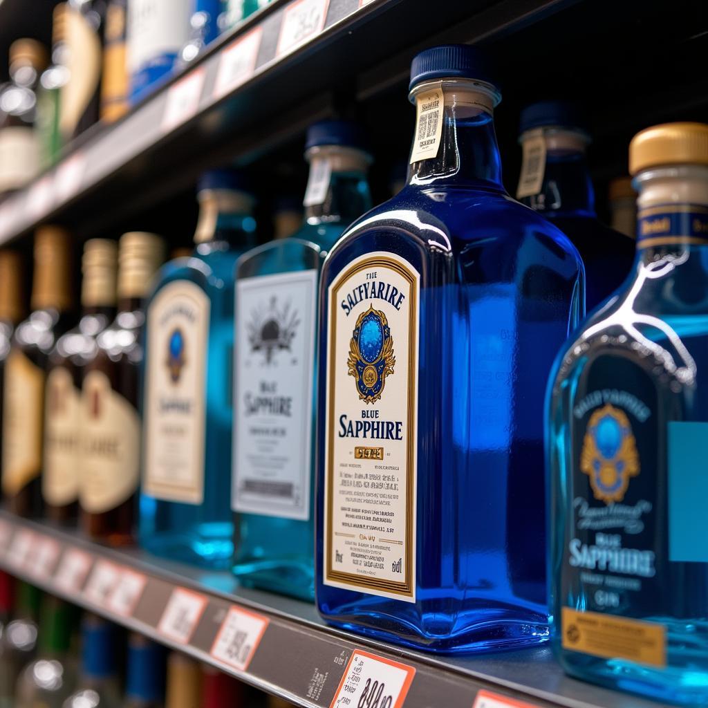 Blue Sapphire gin bottle displayed in a liquor store in Pakistan