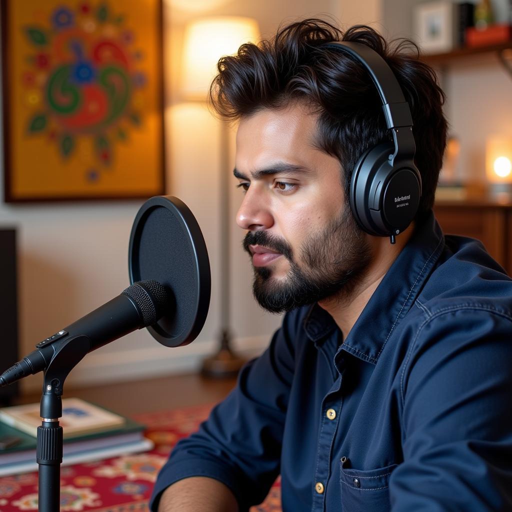 A young Pakistani content creator recording a podcast using a Blue Yeti microphone in their home studio