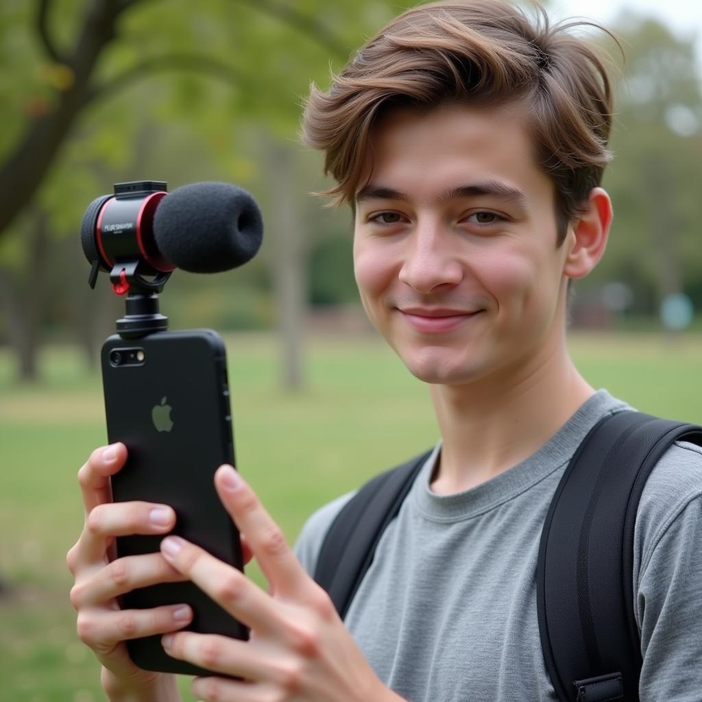 Vlogger using Boya MM1 for Outdoor Recording