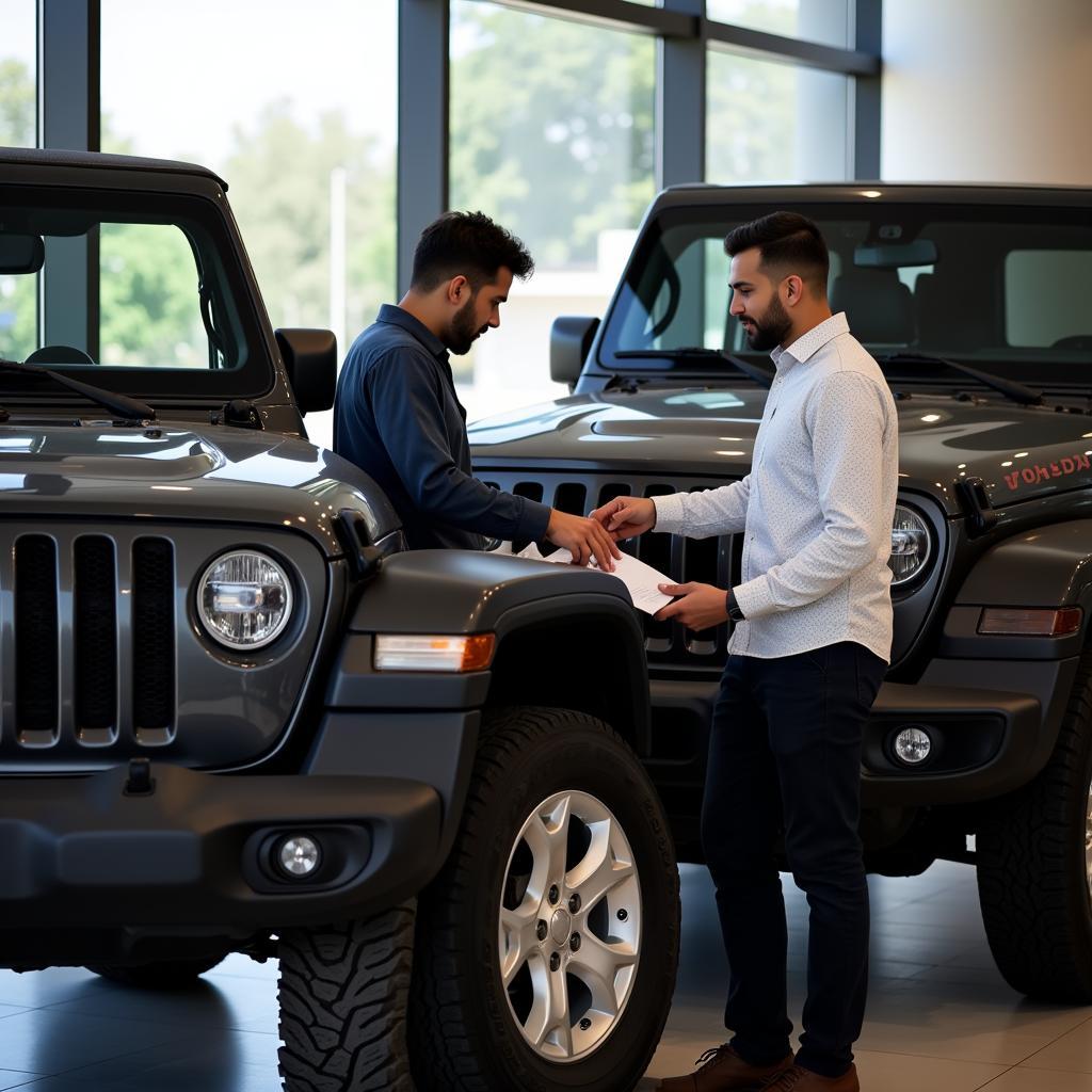 Customer Inspecting a 5 Door Jeep at a Dealership in Pakistan