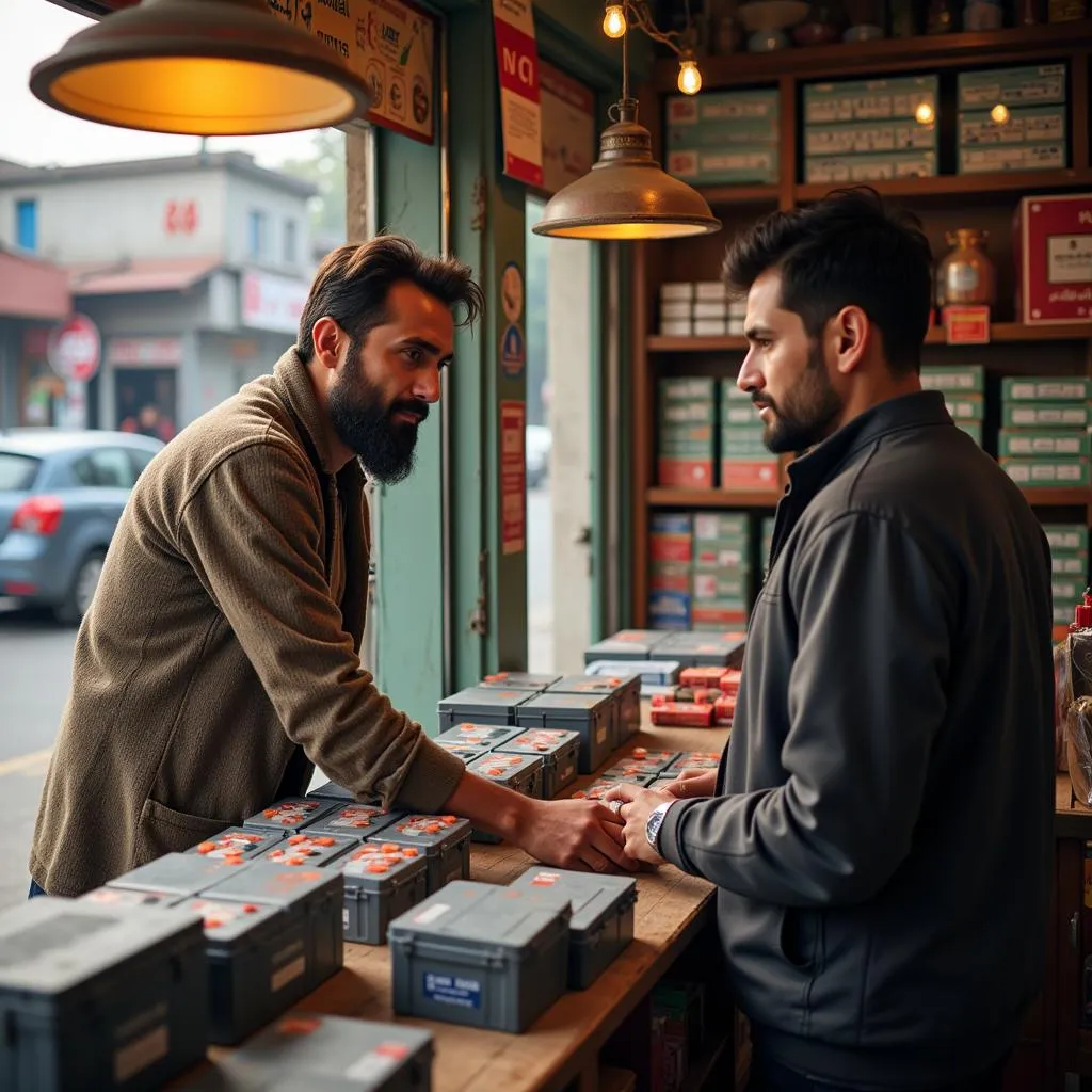 A shop owner in Pakistan showing AGS dry batteries to a customer