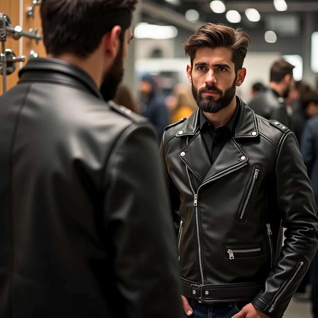 Man trying on biker jacket in store