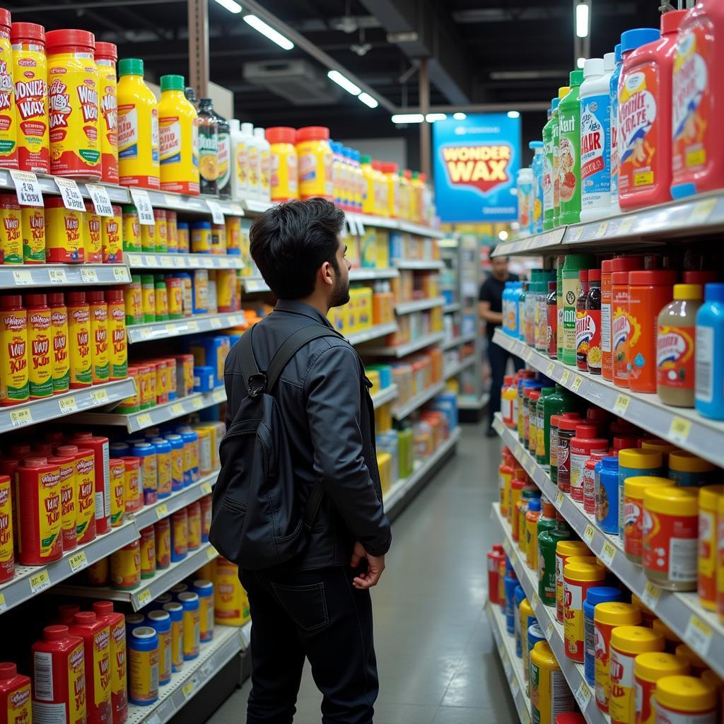 Browsing Wonder Wax in a Pakistani Store