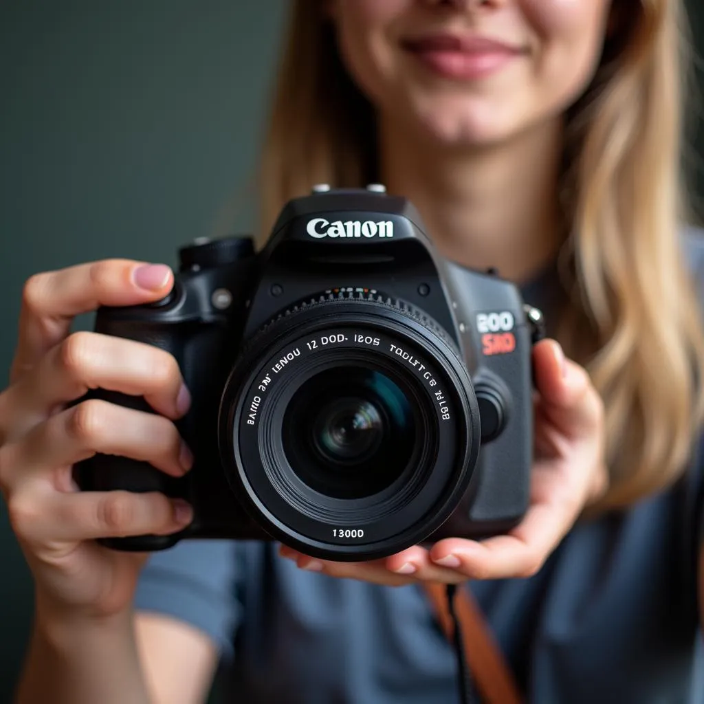 A person holding a Canon 1300D camera, showcasing its compact size and ergonomic design.