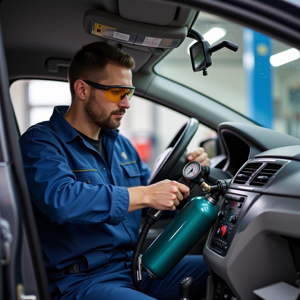 Car AC Technician Refilling R134a Gas