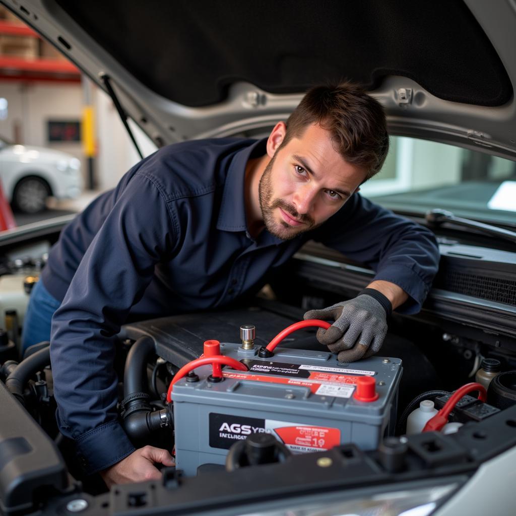 Car Mechanic Installing Battery