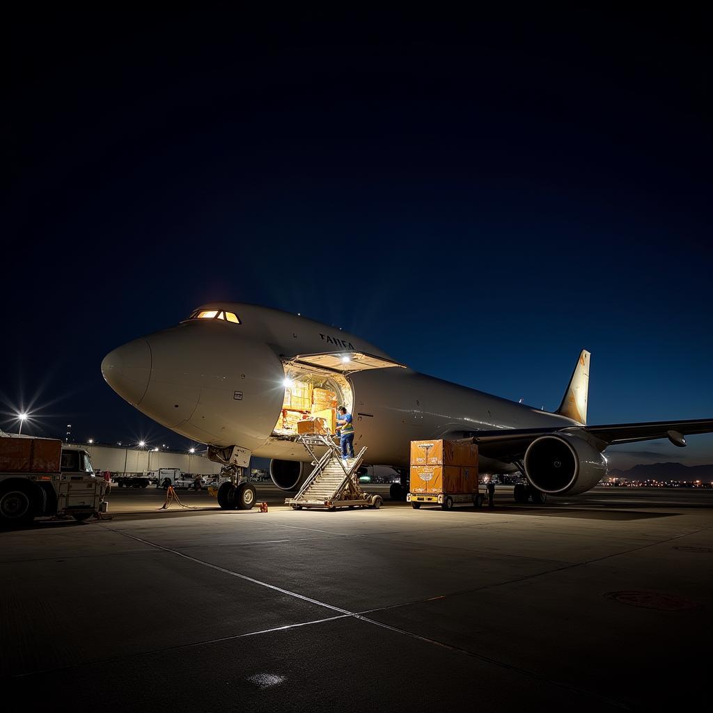 Cargo plane being loaded with goods at night