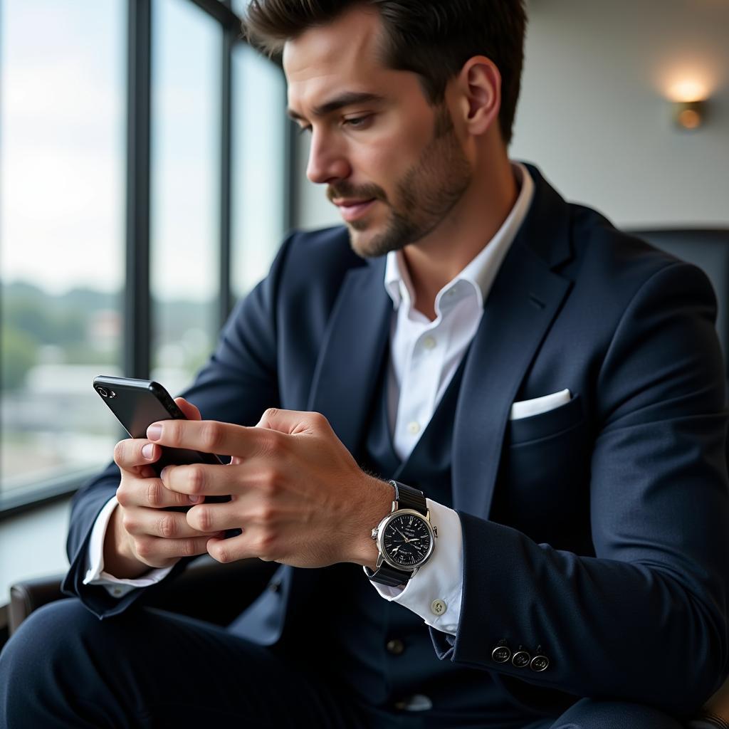 A man wearing a Casio Edifice EQB-1000 watch while checking his smartphone